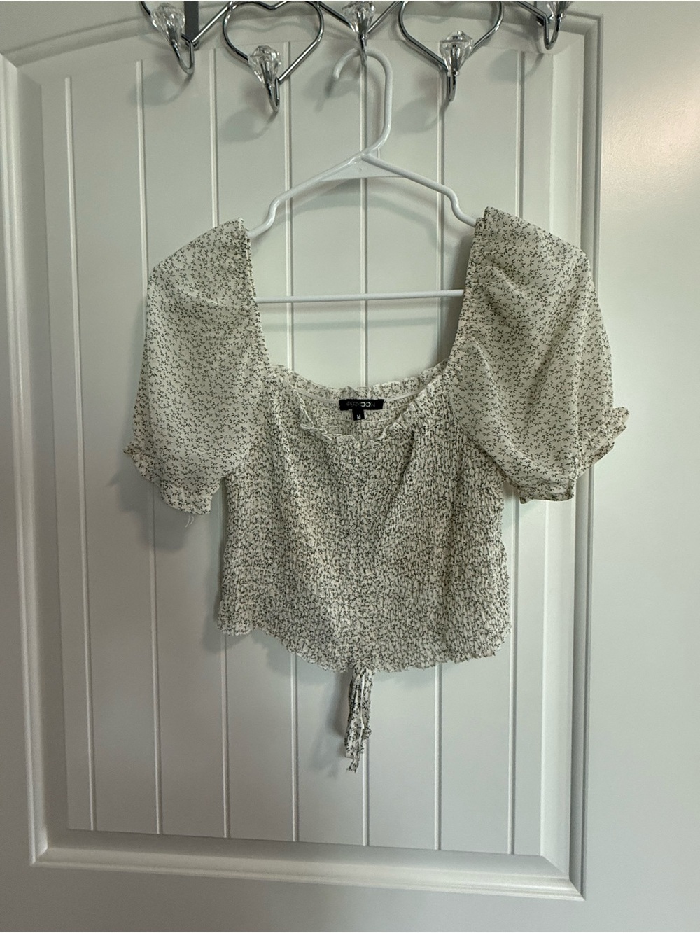 Women's Cream Floral Square-Neck Smocked Top